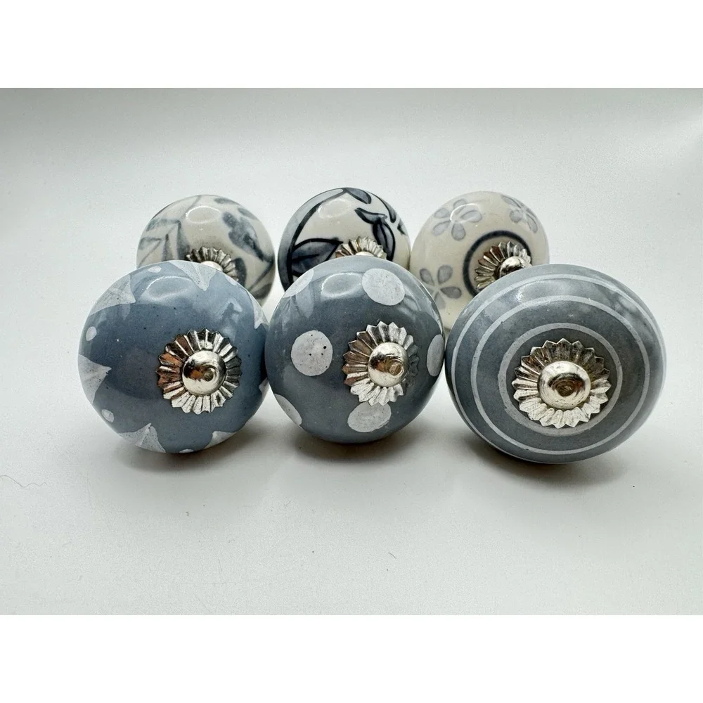 Blue Gray Ceramic Cabinet Knobs Set 6 Floral Drawer Pulls Cottage Farmhouse‎